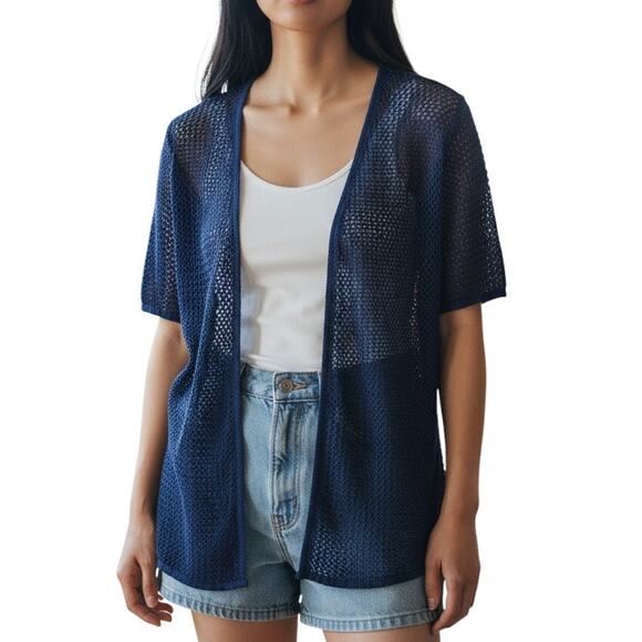 Christopher & Banks Open Knit Cardigan Size Small Blue Short Sleeve - Picture 1 of 8